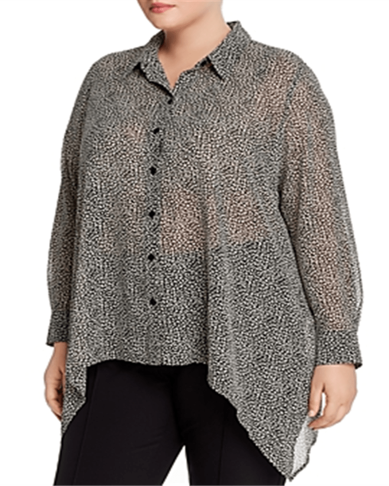 Front of a model wearing a size 2X Michael Kors Women's Plus Cheetah Print Shark Bite Shirt White Size 2X in White by Michael Kors. | dia_product_style_image_id:313811